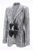 Sparkly Silver Grey Peak Lapel Women's Prom Blazer with Bows