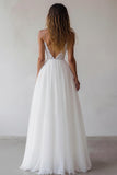 Lace A Line V Neck Long White Wedding Dress
