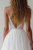 Lace A Line V Neck Long White Wedding Dress