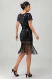 Sparkly Black Golden Gatsby Sequins Gatsby Midi 1920s Dress with Fringes