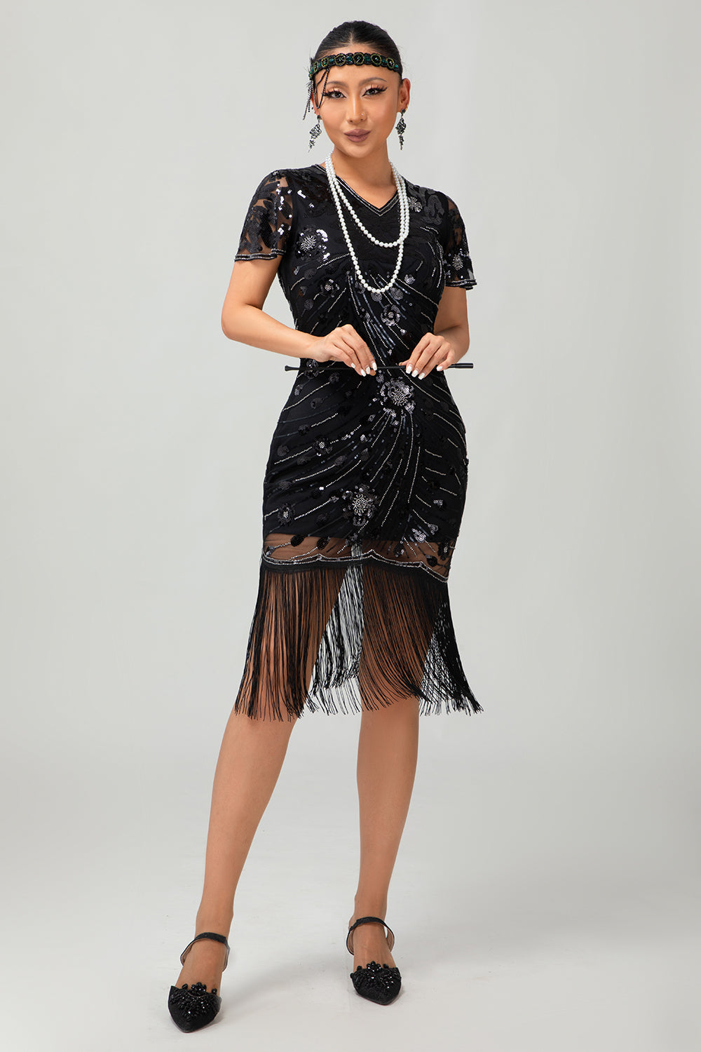 Sparkly Black Gatsby Bodycon Sequins Midi 1920s Dress with Fringes
