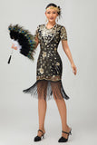 Sparkly Black Golden Gatsby Sequins Gatsby Midi 1920s Dress with Fringes