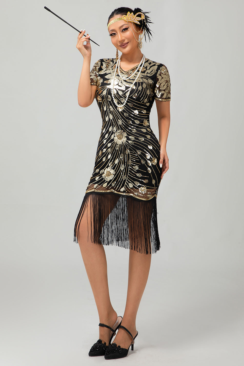 Sparkly Black Golden Gatsby Sequins Gatsby Midi 1920s Dress with Fringes