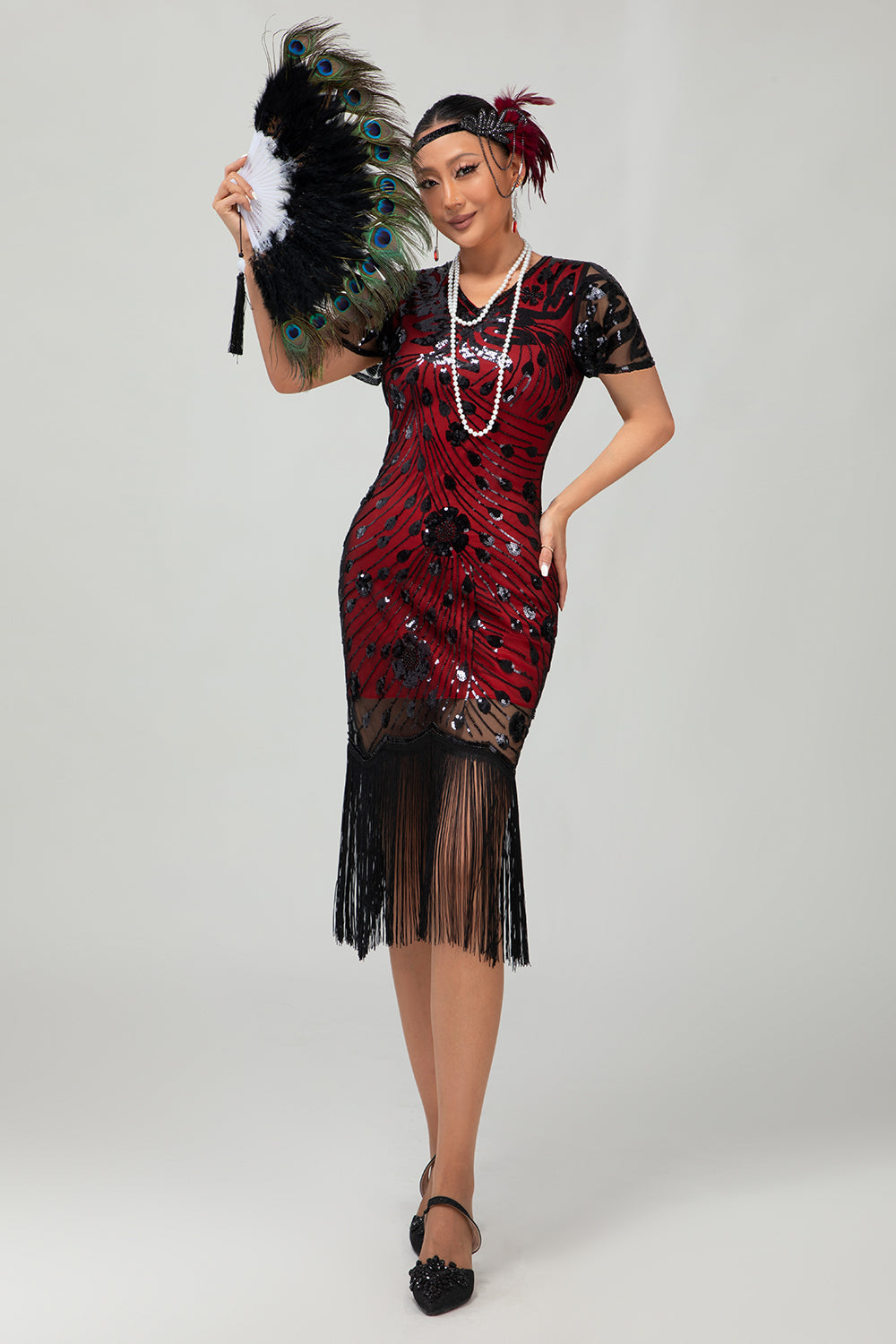 Sparkly Black Red Fringed 1920s Sequins Gatsby Midi 1920s Dress