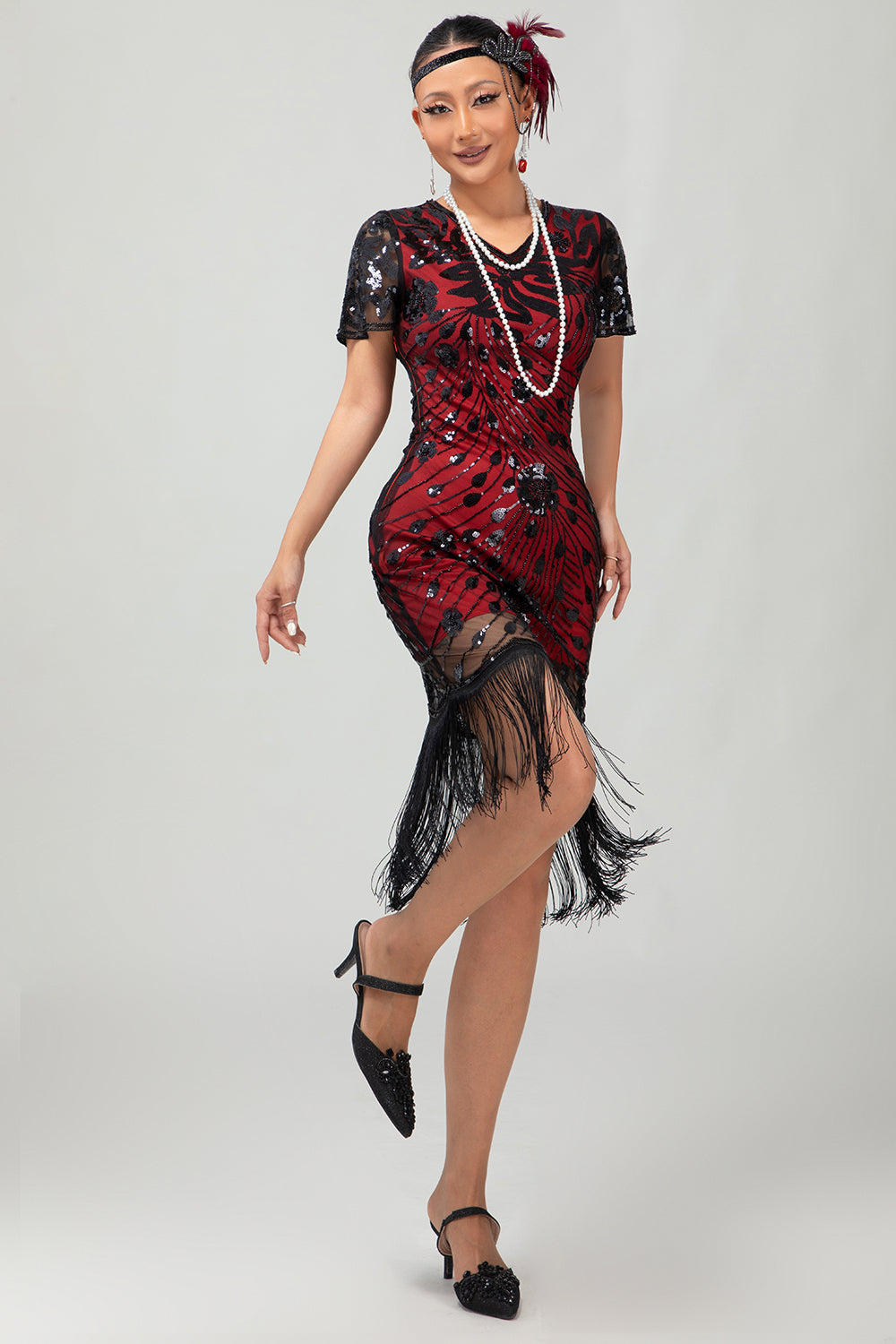 Sparkly Black Red Bodycon Fringed Midi 1920s Dress with 5-Piece Accessories Set