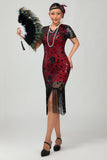 Sparkly Black Red Fringed 1920s Sequins Gatsby Midi 1920s Dress