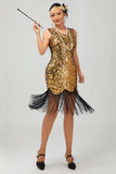 Sparkly Black Golden V Neck Bodycon Gatsby Midi 1920s Dress with Fringes