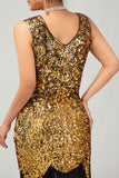 Sparkly Black Golden V Neck Bodycon Gatsby Midi 1920s Dress with Fringes