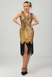 Sparkly Black Golden V Neck Bodycon Gatsby Midi 1920s Dress with Fringes