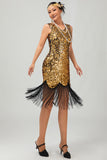 Sparkly Black Golden Bodycon Fringed 1920s Dress with 5-Piece Accessories Set