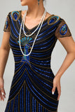 Sparkly Sequins Black Blue Bodycon Gatsby Midi 1920s Dress with Sleeves