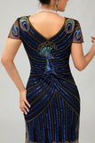 Sparkly Sequins Black Blue Bodycon Gatsby Midi 1920s Dress with Sleeves