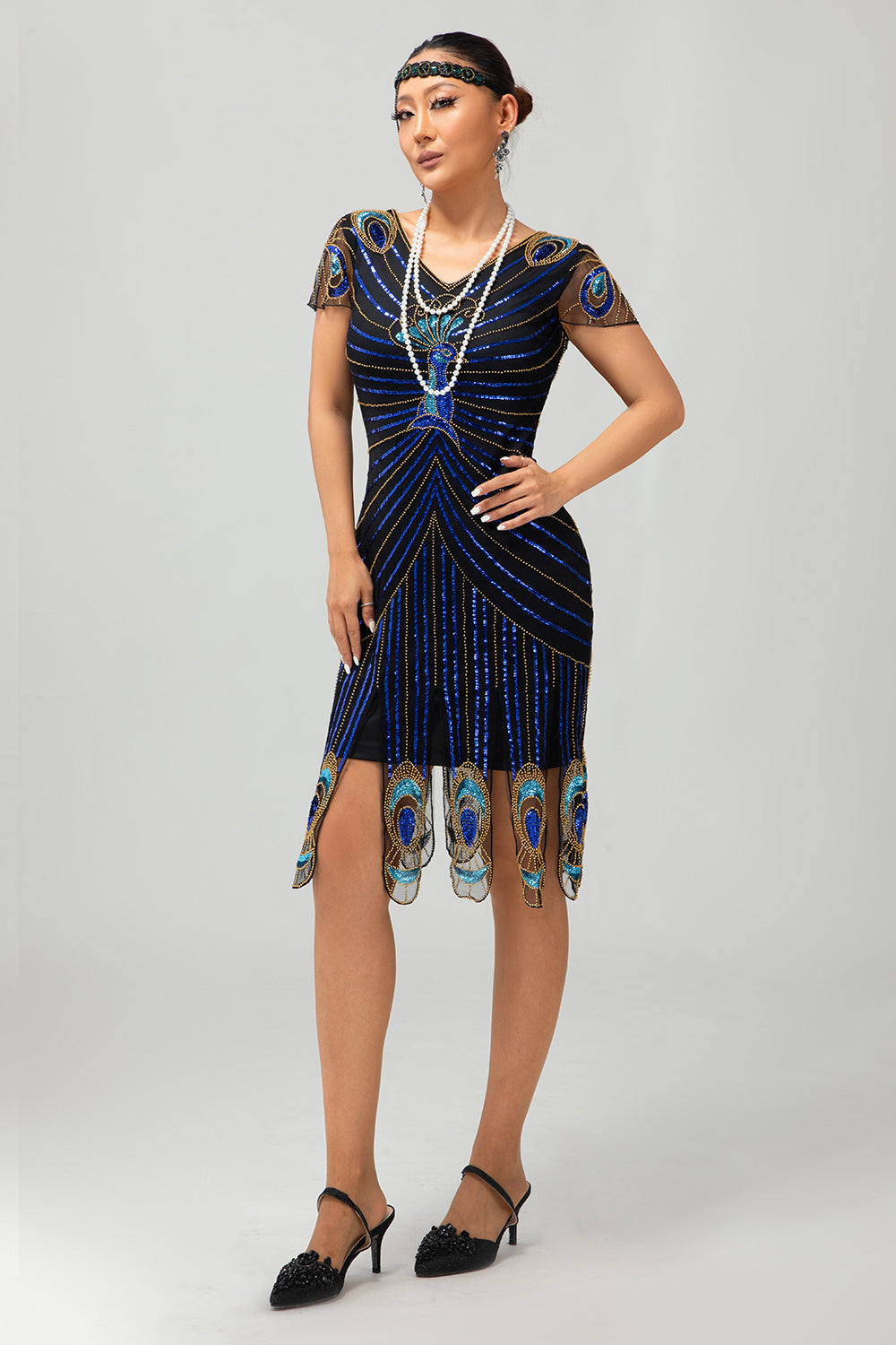 Sparkly Sequins Black Blue Bodycon Gatsby Midi 1920s Dress with Sleeves