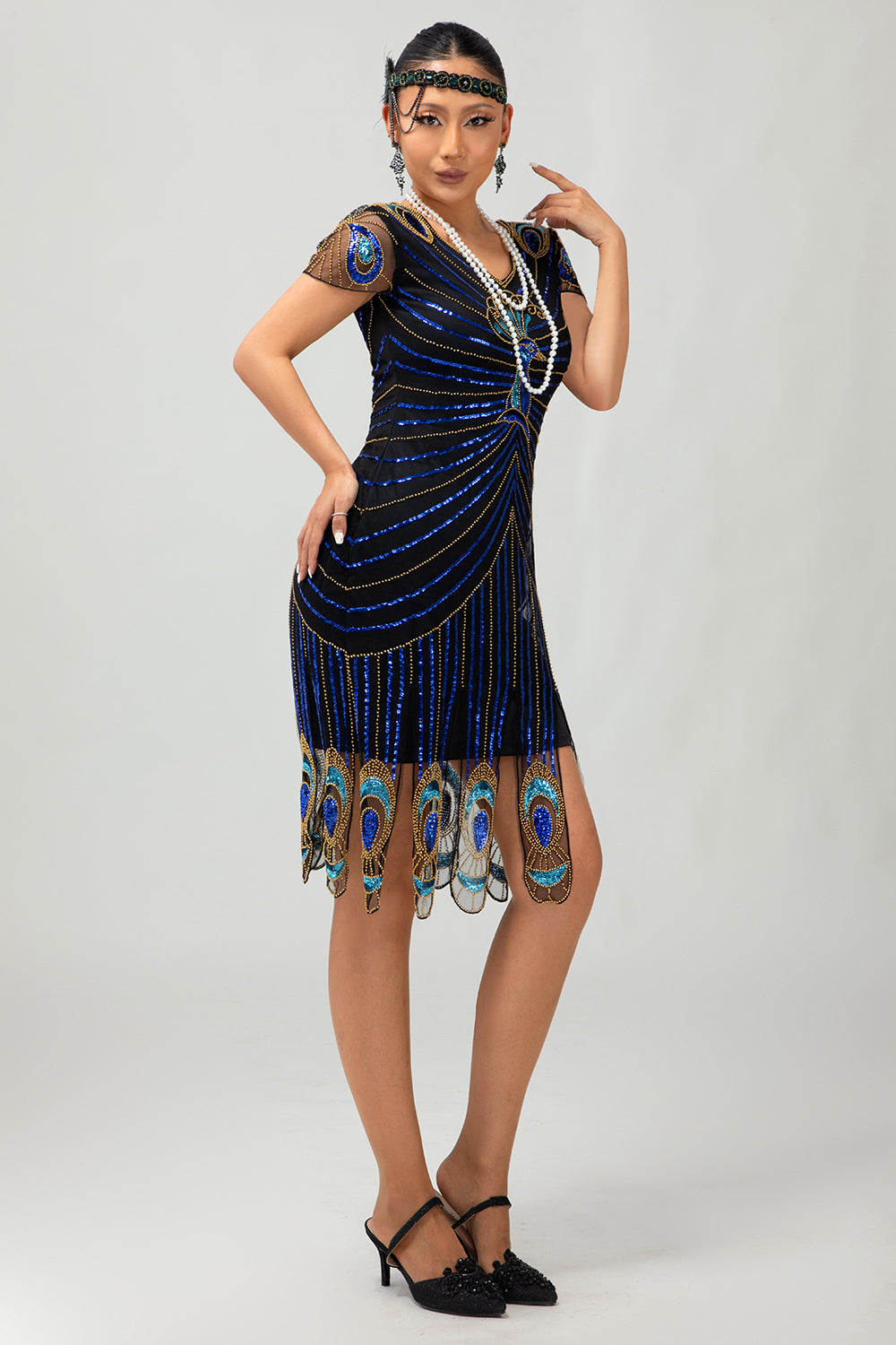 Sparkly Sequins Black Blue Bodycon Gatsby Midi 1920s Dress with Sleeves