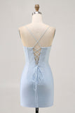 Light Blue Bodycon Spaghetti Straps Beaded Homecoming Dress