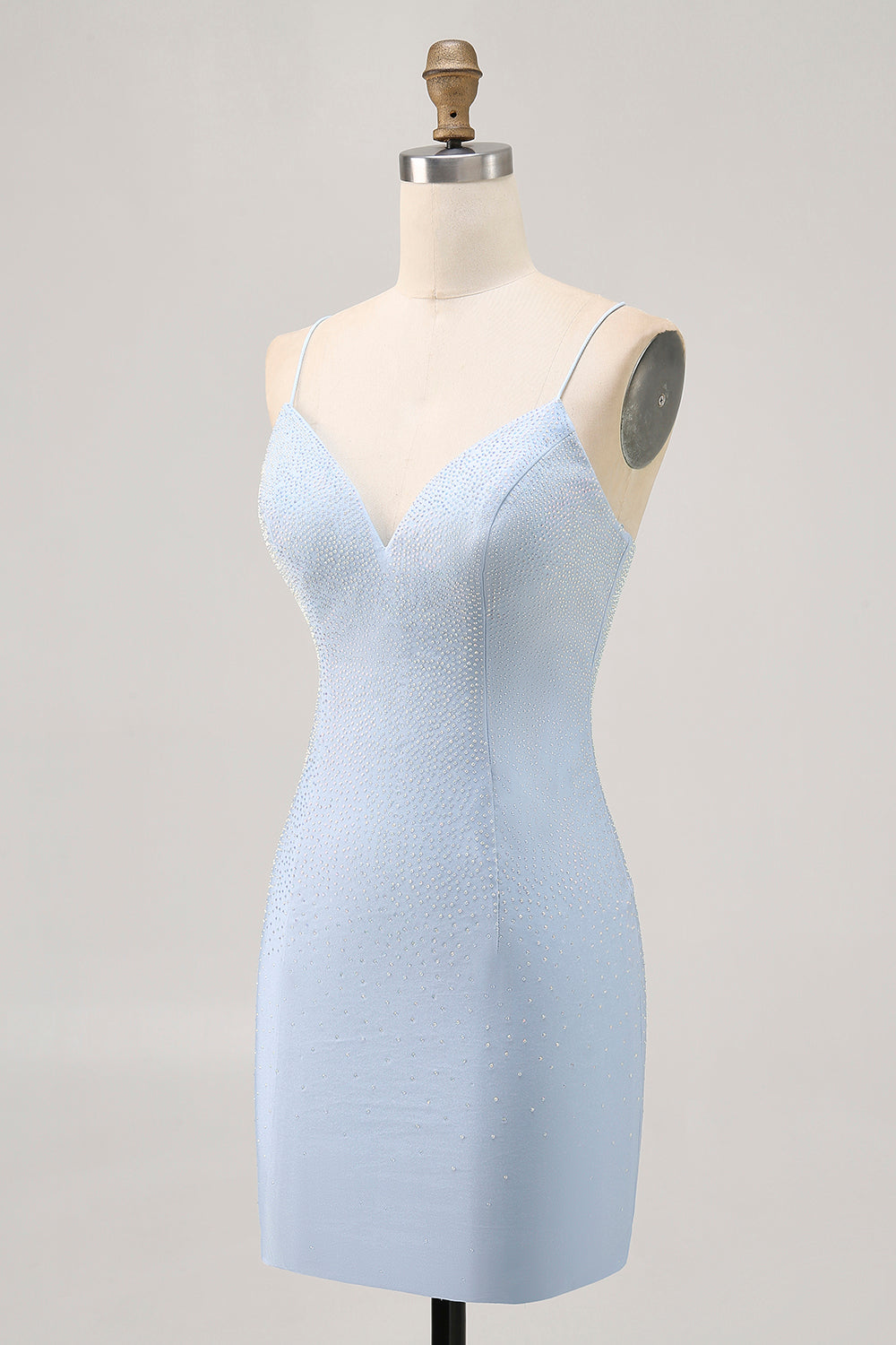 Light Blue Bodycon Spaghetti Straps Beaded Homecoming Dress