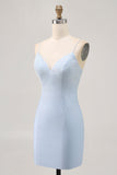 Light Blue Bodycon Spaghetti Straps Beaded Homecoming Dress