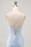 Light Blue Bodycon Spaghetti Straps Beaded Homecoming Dress