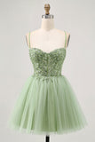 Green A Line Corset Short Homecoming Dress with Appliques