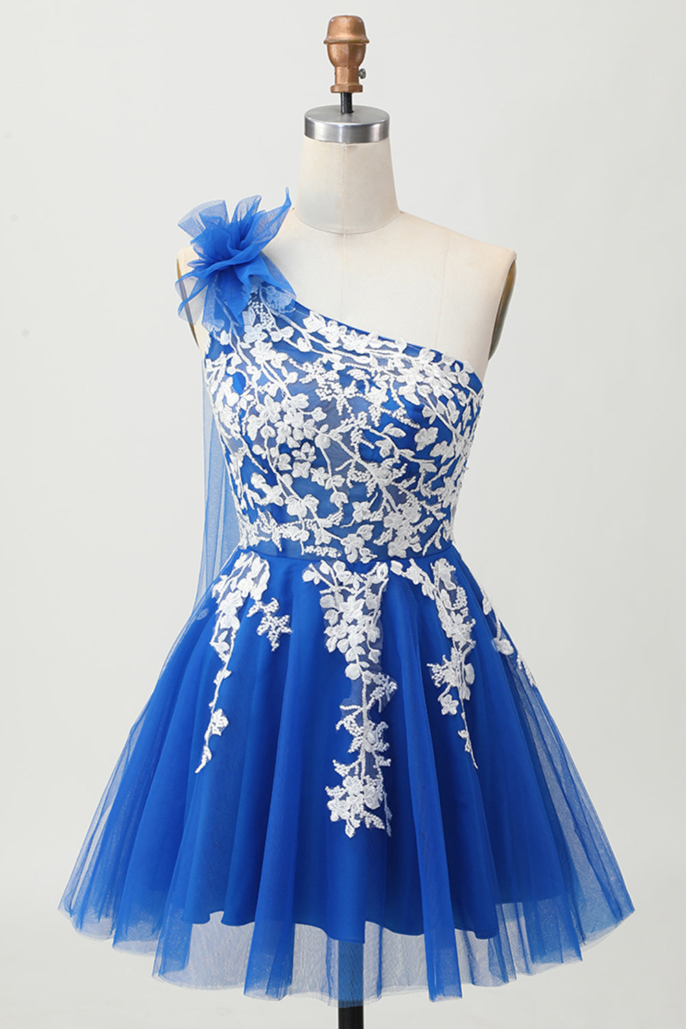 Royal Blue A-Line One Shoulder Tulle Homecoming Dress with Lace Up Back
