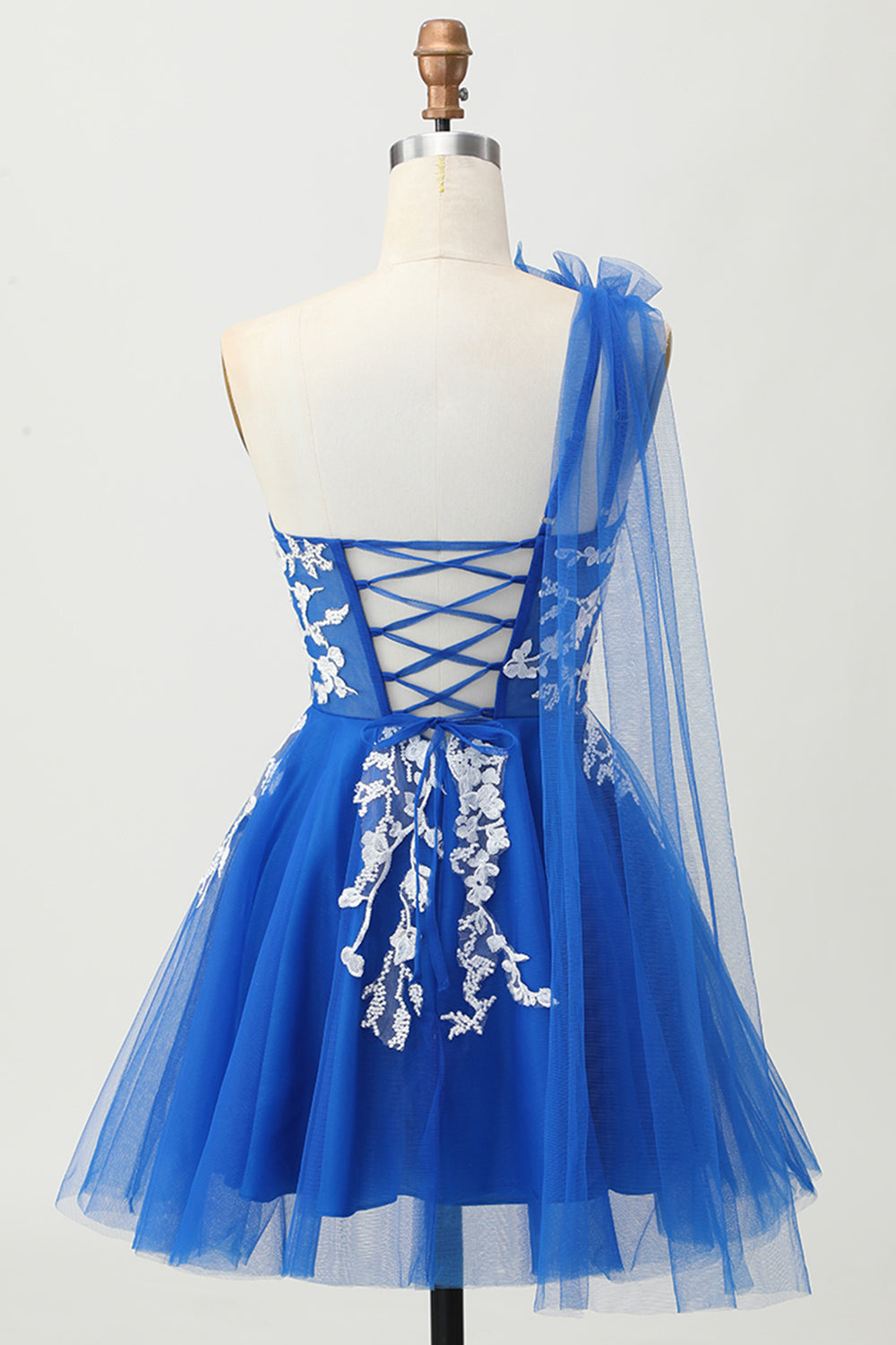 Royal Blue A-Line One Shoulder Tulle Homecoming Dress with Lace Up Back