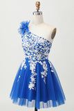 Royal Blue A-Line One Shoulder Tulle Homecoming Dress with Lace Up Back