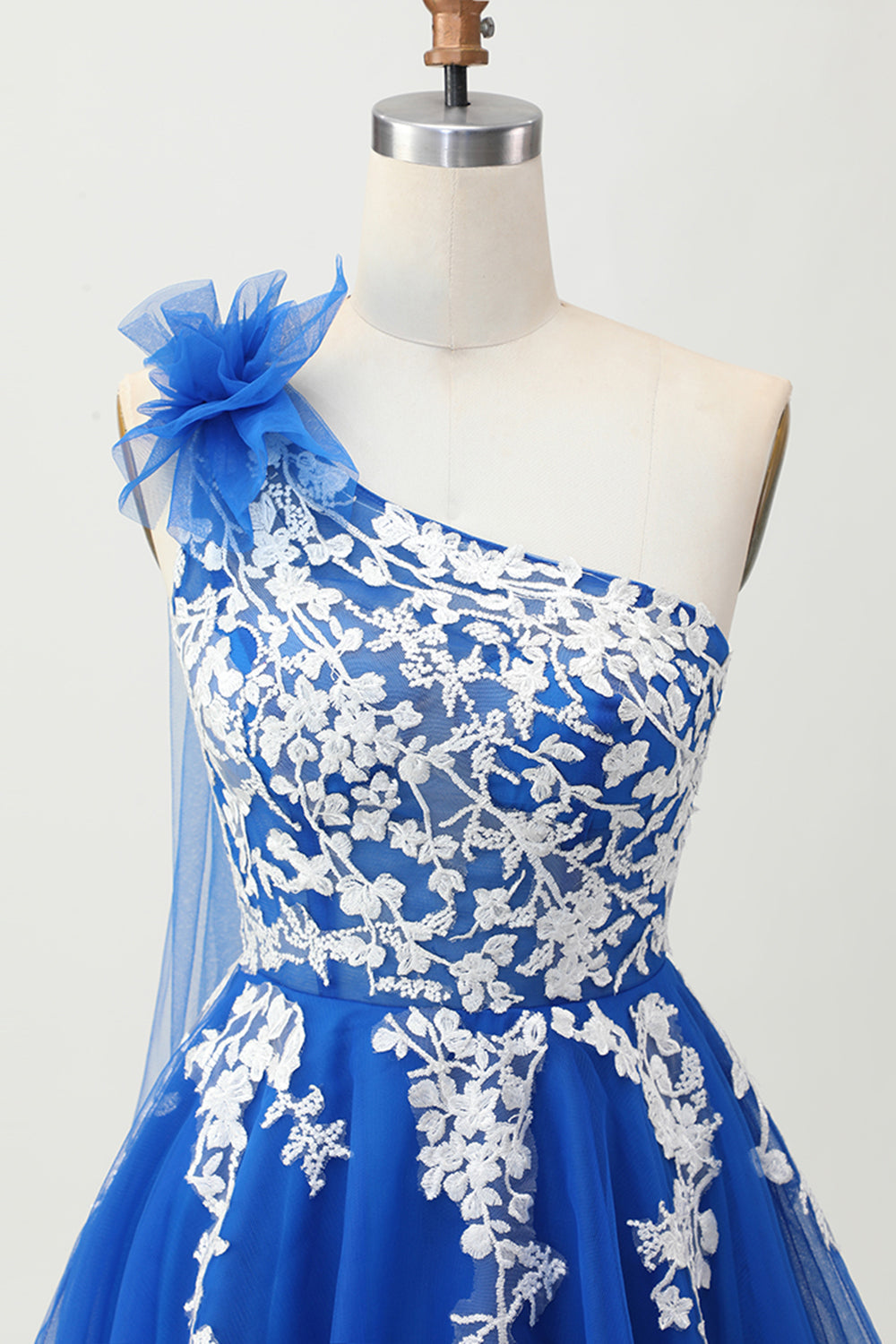 Royal Blue A-Line One Shoulder Tulle Homecoming Dress with Lace Up Back