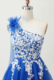 Royal Blue A-Line One Shoulder Tulle Homecoming Dress with Lace Up Back