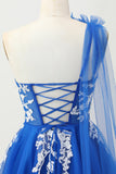 Royal Blue A-Line One Shoulder Tulle Homecoming Dress with Lace Up Back