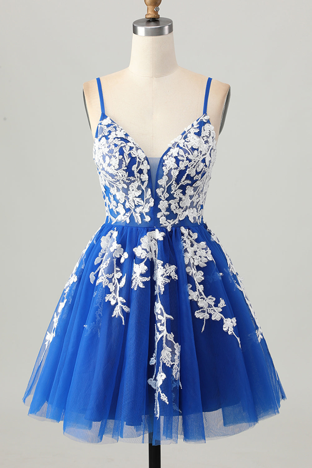 Royal Blue A-Line Spaghetti Straps Tulle Short Homecoming Dress with Lace Up Back