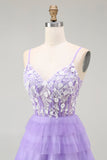 Purple Corset A Line Tiered Long Prom Dress