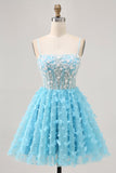 Blue A Line Appliques Butterfly Corset Short Homecoming Dress