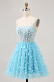 Blue A Line Appliques Butterfly Corset Short Homecoming Dress