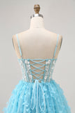 Blue A Line Appliques Butterfly Corset Short Homecoming Dress