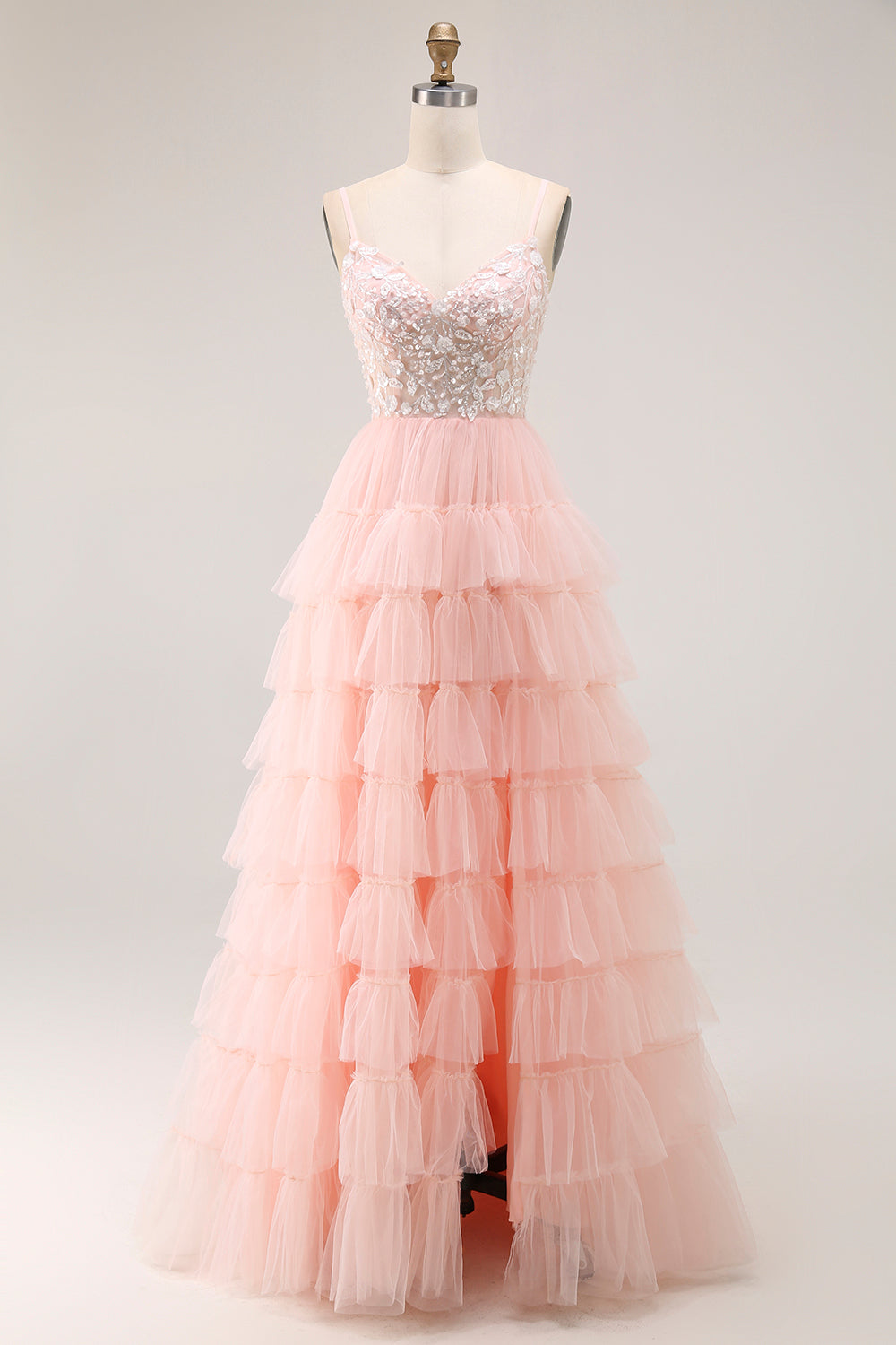 Blush A Line Corset Sequins Tiered Ruffle Long Prom Dress with Appliques