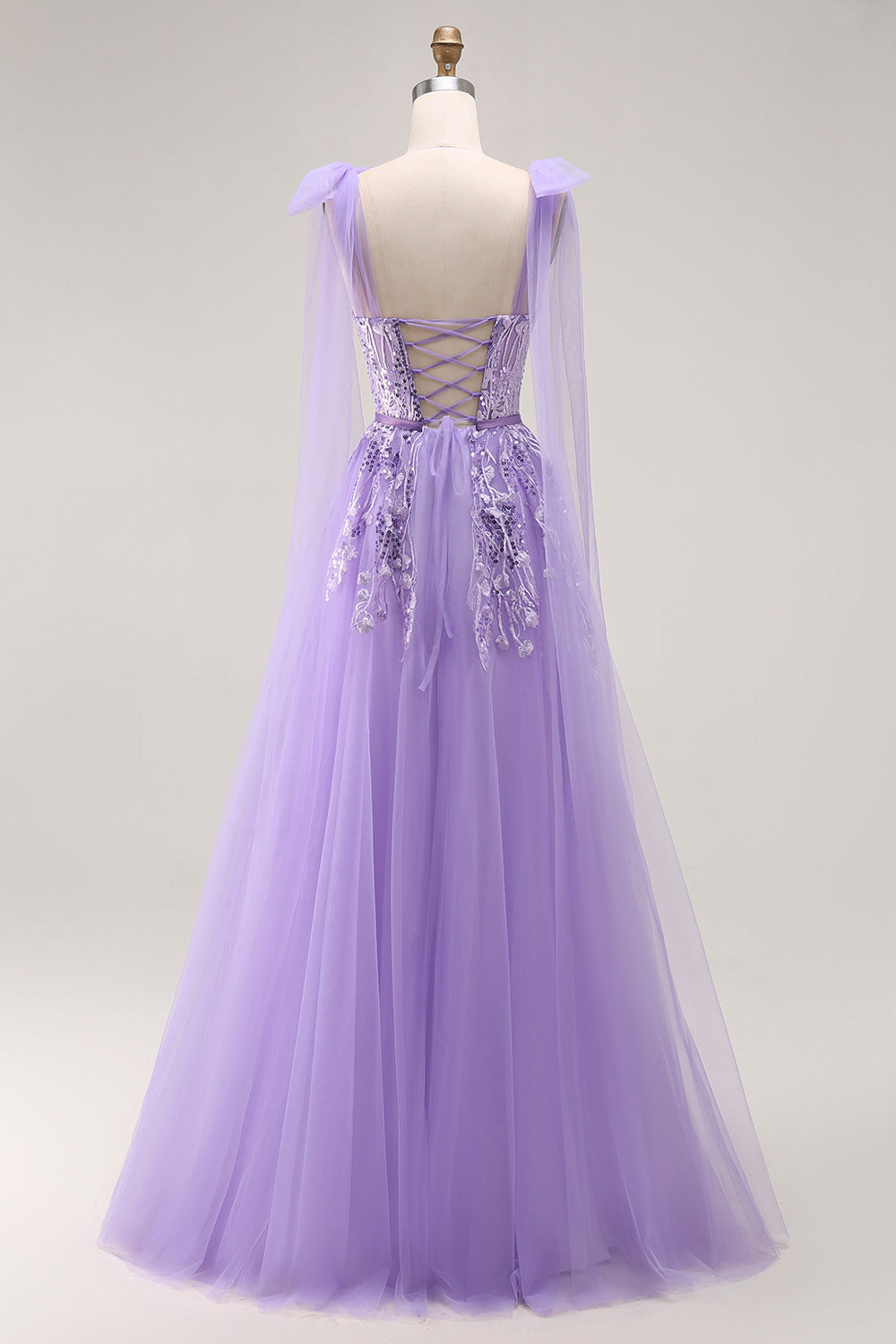 Purple A Line Sequin Lace Up Back Tulle Long Prom Dress with Bow Straps