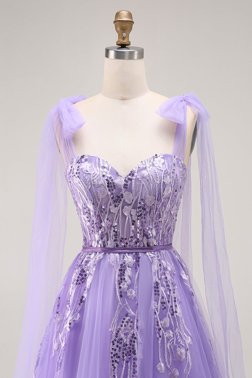 Purple A Line Sequin Lace Up Back Tulle Long Prom Dress with Bow Straps