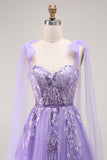 Purple A Line Sequin Lace Up Back Tulle Long Prom Dress with Bow Straps