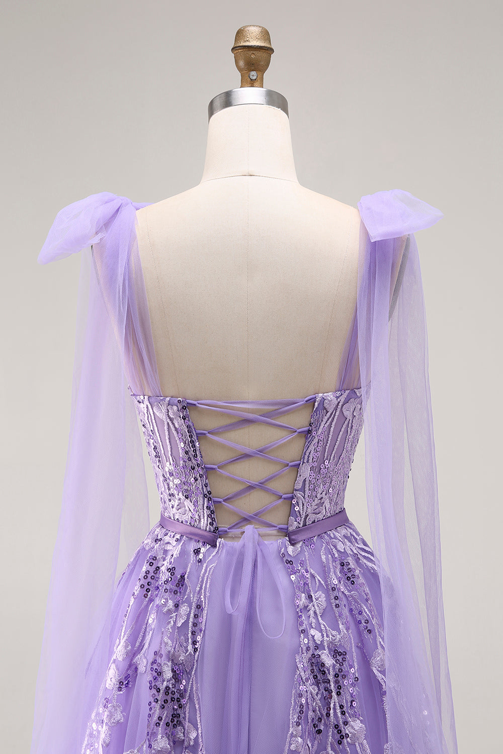 Purple A Line Sequin Lace Up Back Tulle Long Prom Dress with Bow Straps