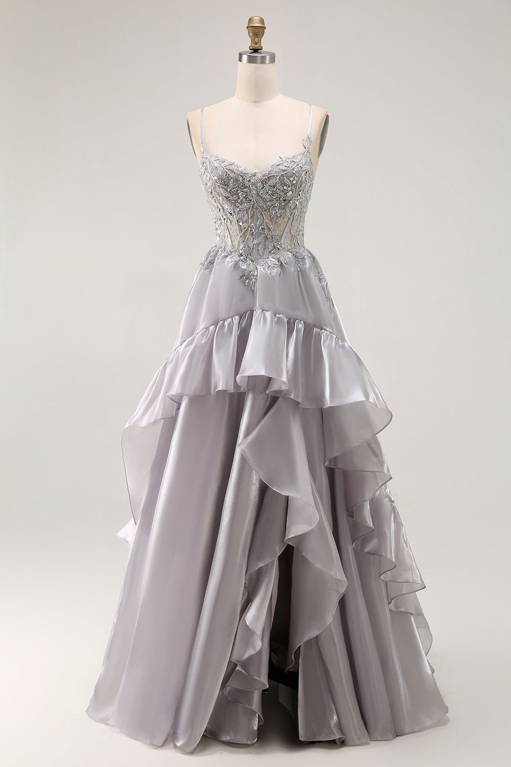 Grey A Line Beaded Sheer Corset Long Ruffle Prom Dress with Slit