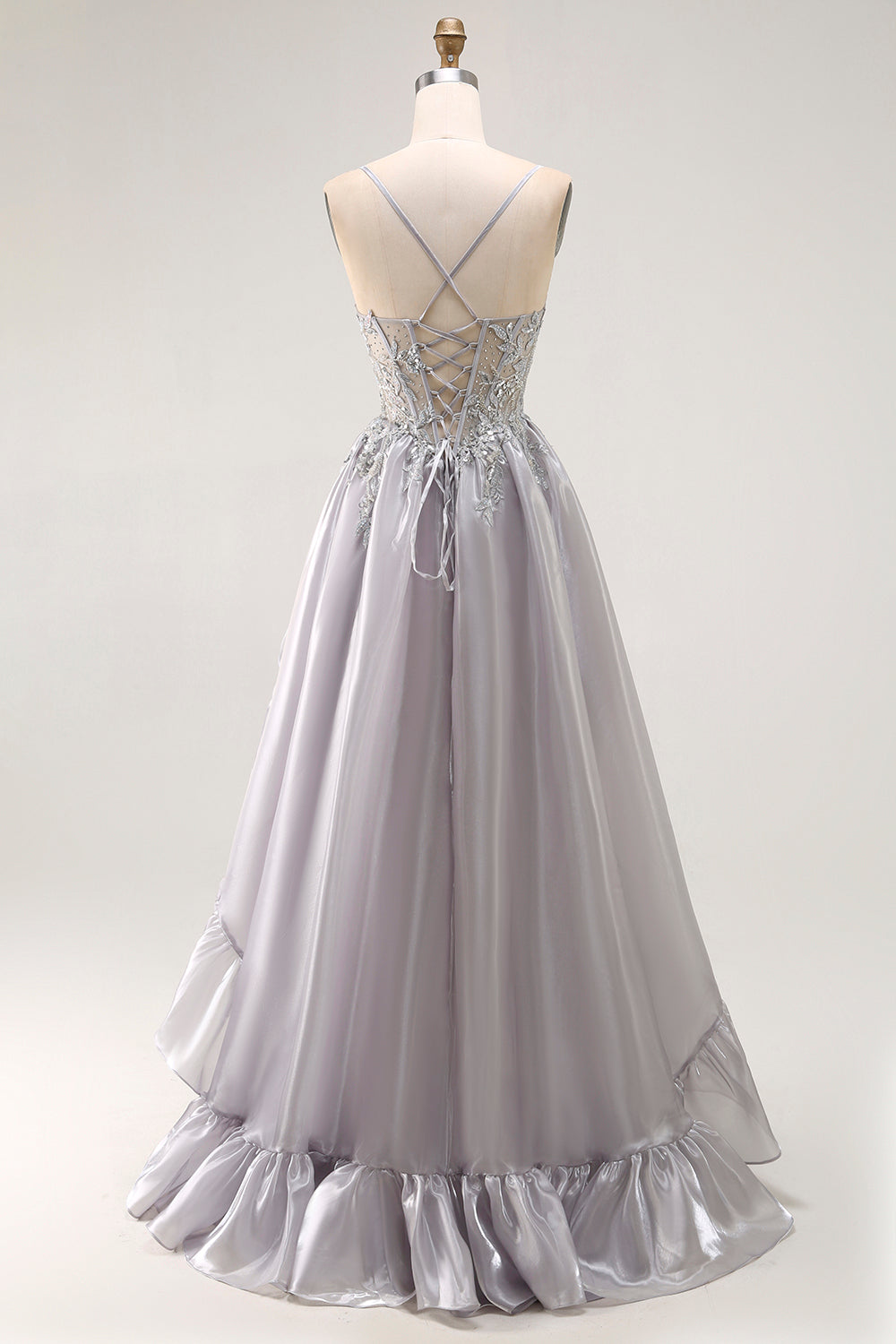 Grey A Line Beaded Sheer Corset Long Ruffle Prom Dress with Slit
