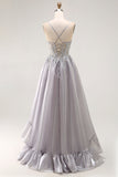 Grey A Line Beaded Sheer Corset Long Ruffle Prom Dress with Slit