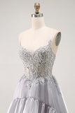 Grey A Line Beaded Sheer Corset Long Ruffle Prom Dress with Slit