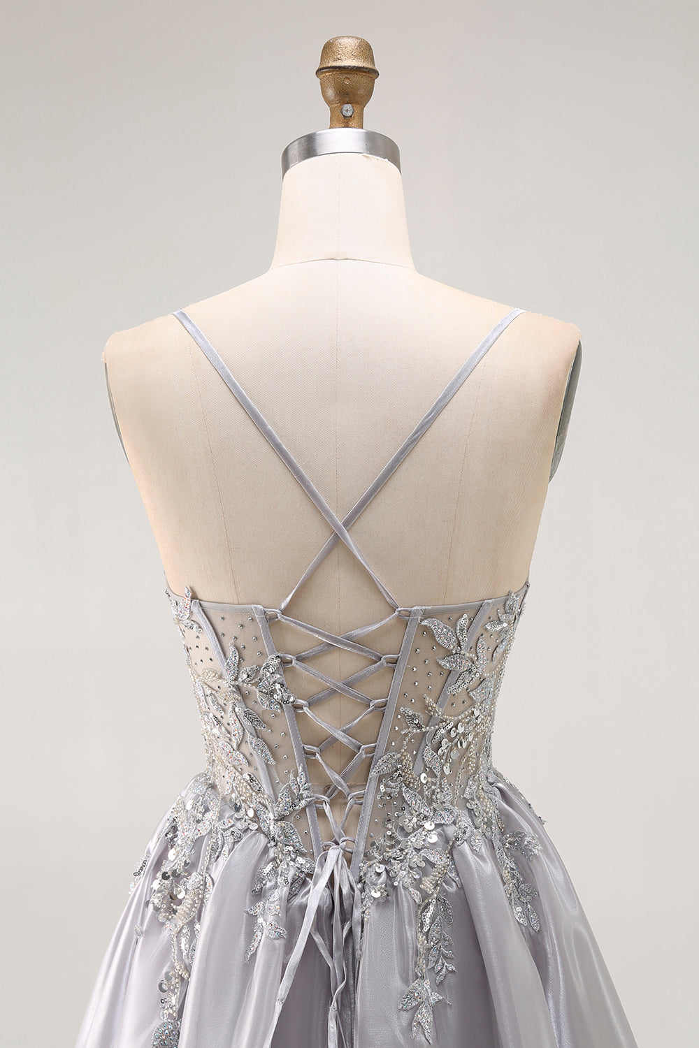 Grey A Line Beaded Sheer Corset Long Ruffle Prom Dress with Slit