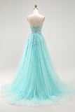 Sparkly Green A-Line Strapless Sequins Corset Long Prom Dress with Slit