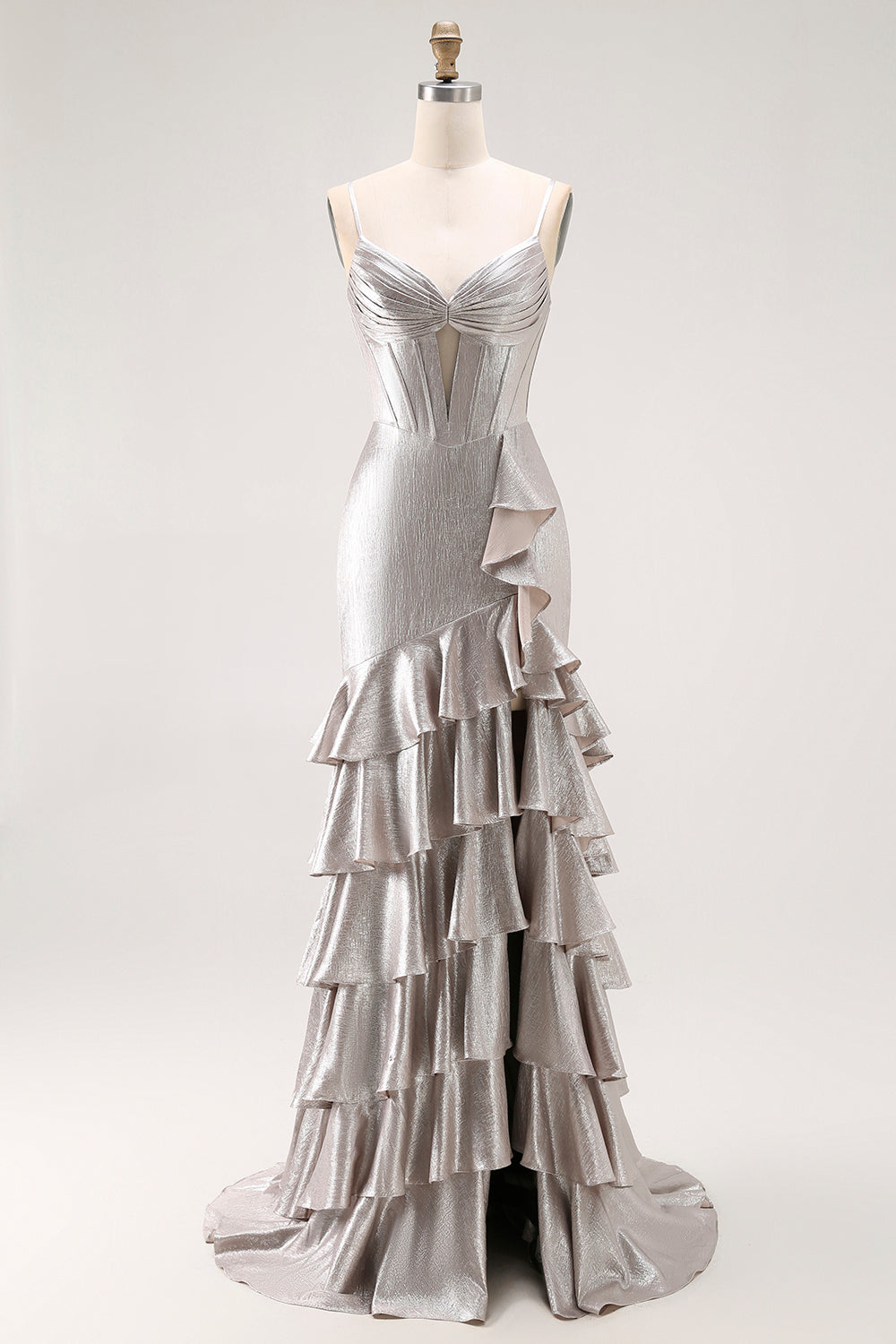 Grey Mermaid Beaded Corset Tiered Pleated Long Prom Dress with Slit