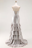 Grey Mermaid Beaded Corset Tiered Pleated Long Prom Dress with Slit