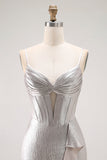 Grey Mermaid Beaded Corset Tiered Pleated Long Prom Dress with Slit
