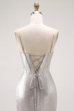 Grey Mermaid Beaded Corset Tiered Pleated Long Prom Dress with Slit