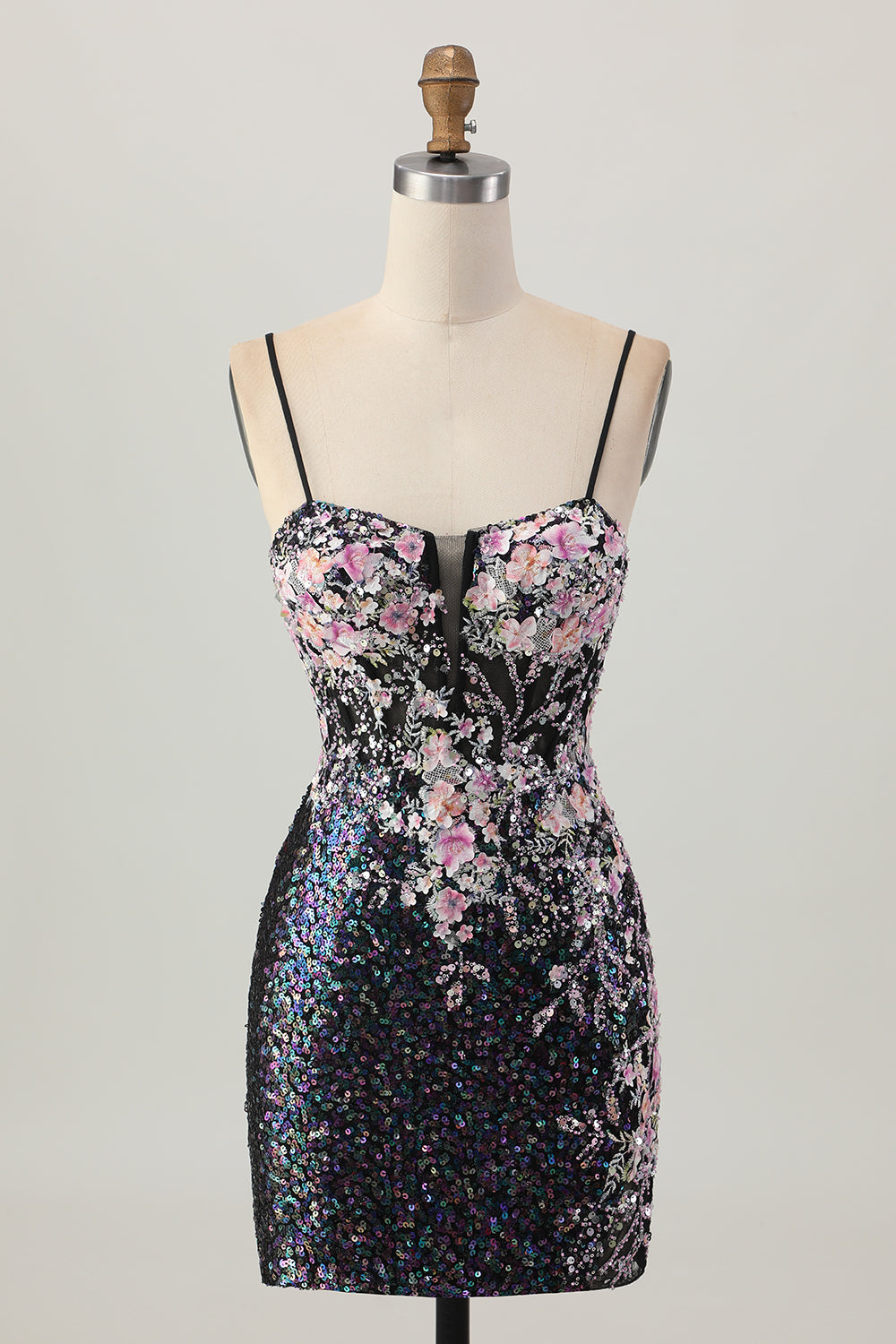 Sparkly Black Pink Flower Bodycon Corset Short Homecoming Dress with Sequins
